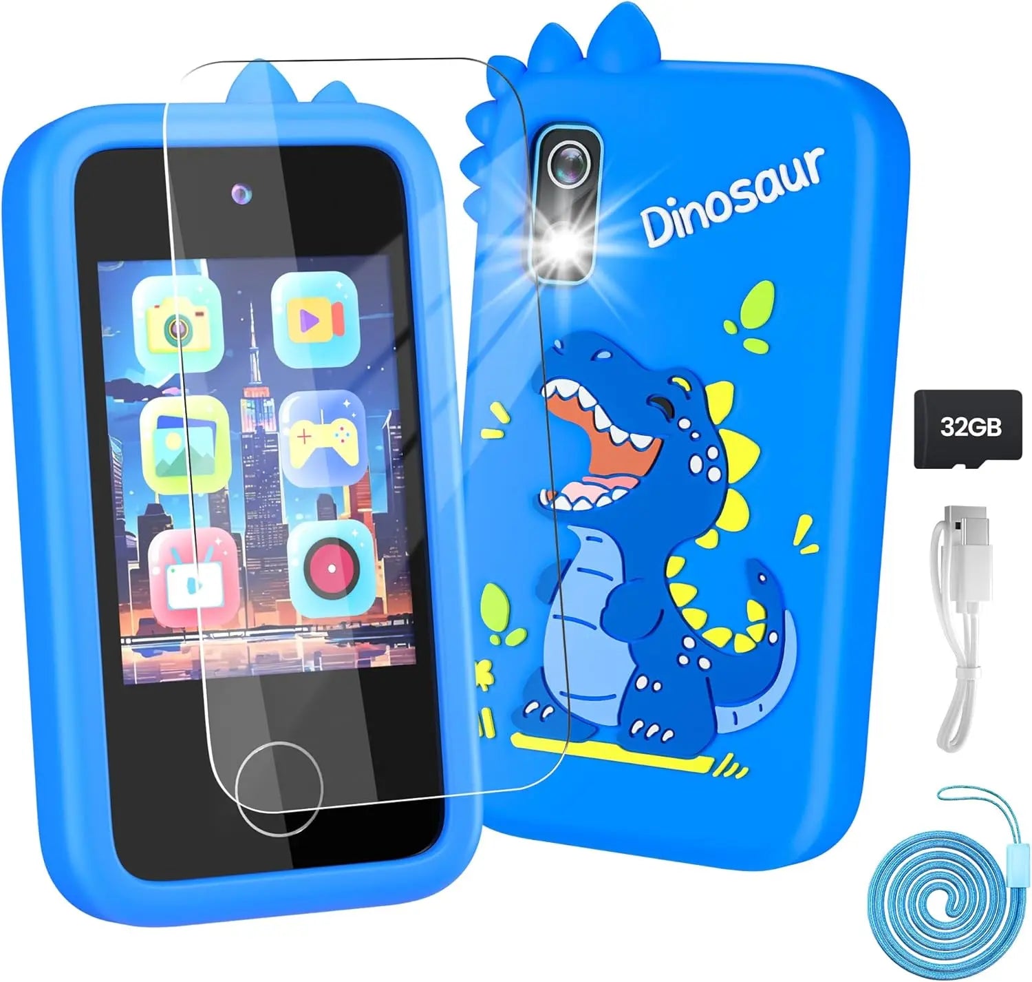 Kids Phone with Camera for Boys with Touchscreen, 32G Card Birthday Gifts for Kids Dual Camera, Music Player (Blue Dinosaur) - silverfoxgoods